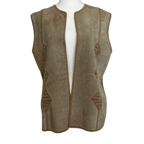 Bonnie Lee Vintage Suede Crochet Boho Western Open Front Knit Sweater Vest (L) - Picture 2 of 13